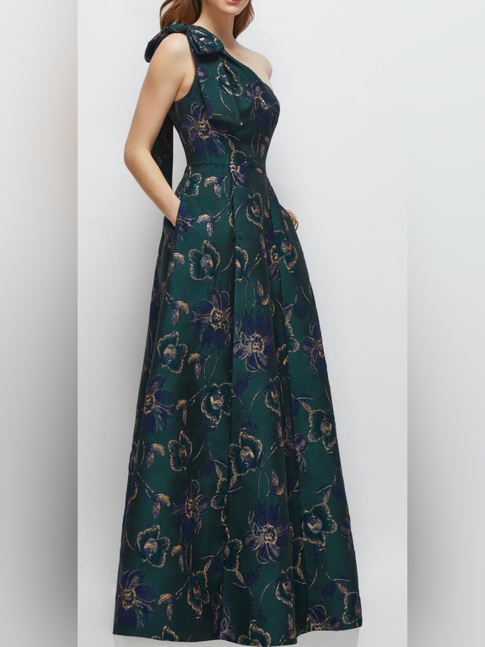 ALFRED SUNG Emerald Green One-Shoulder Floral Jacquard Gown Size 6 - Picture 6 of 8